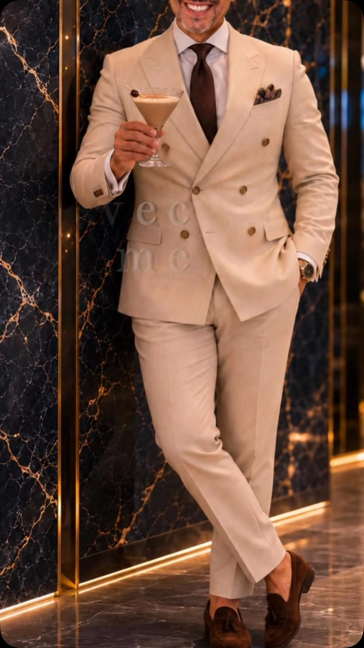 Traje beige cruzado y corbata marrón, con un cóctel en la mano