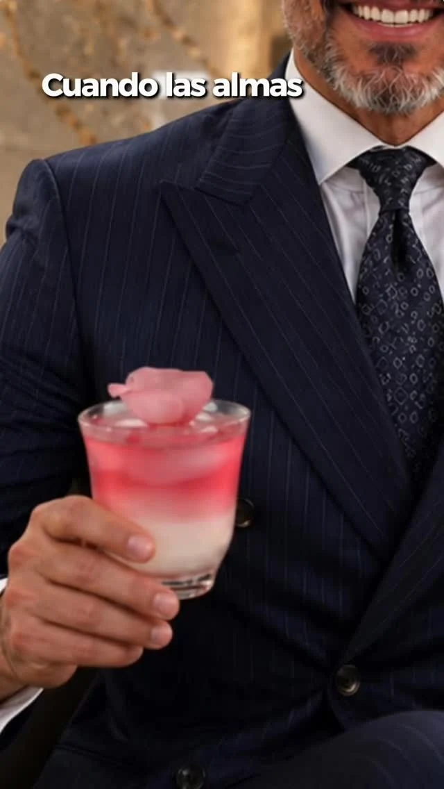 Traje azul marino de raya diplomática y corbata, con un cóctel rosa en la mano