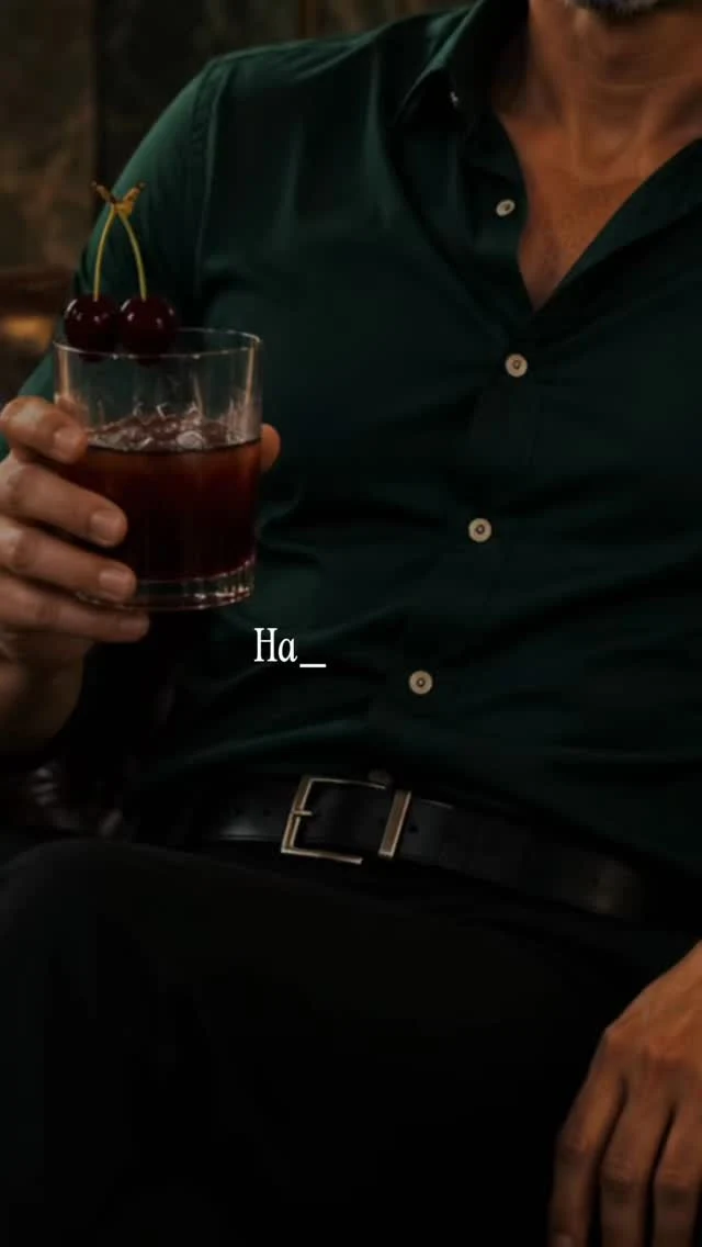 Camisa verde oscuro y pantalón negro, con un cóctel con cerezas en la mano