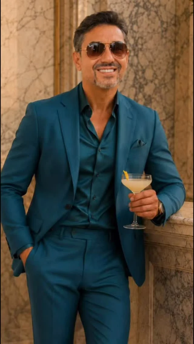 Traje azul petróleo y gafas de sol, con una copa en la mano